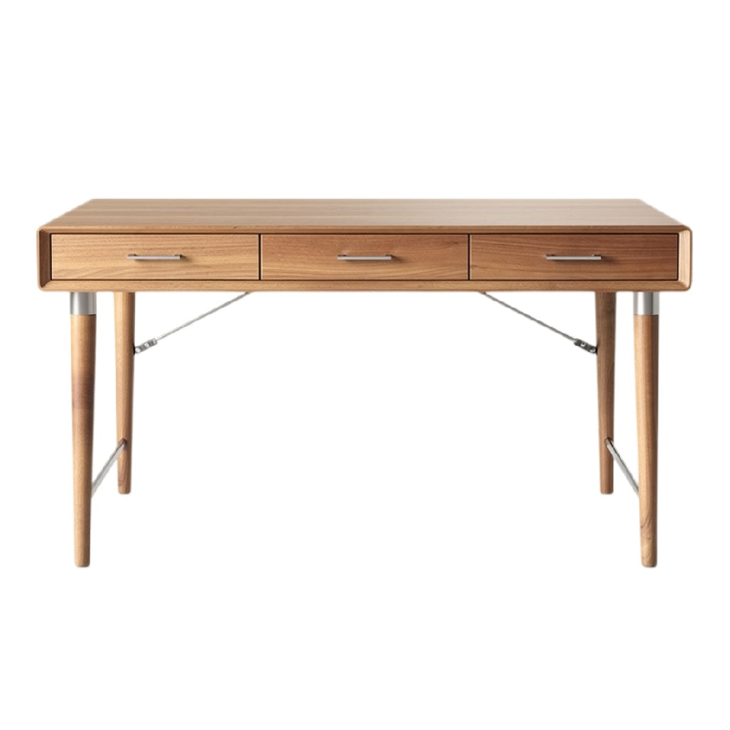 **Houten Bureau met 3 Lades en Stalen Poten**