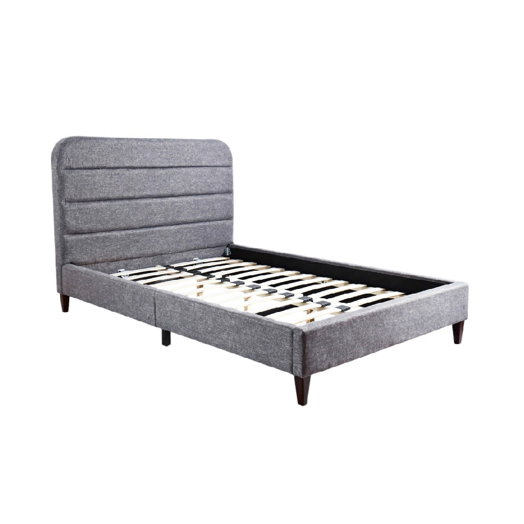 **Technische titel in het Nederlands: Moderne gestoffeerde bedbodem met houten latten en gestoffeerde hoofdsteun**
